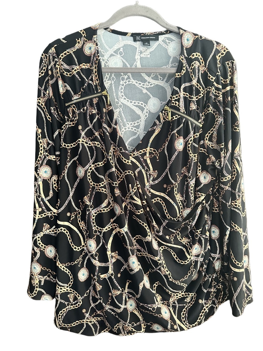 INC International Concepts Black Wrap Blouse with Gold Chain Print Size 2X